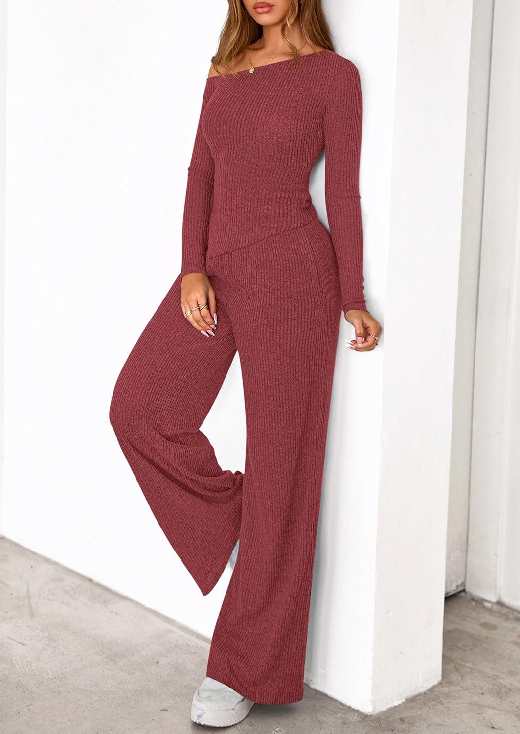 imagePRETTYGARDEN Fall Two Piece Sets For Women 2026 Off Shoulder Tops Long Pants Knit Matching Lounge Set Airport Travel OutfitsWine Red