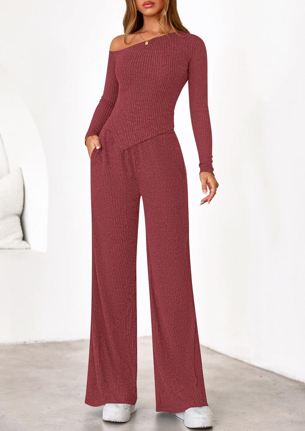 imagePRETTYGARDEN Fall Two Piece Sets For Women 2026 Off Shoulder Tops Long Pants Knit Matching Lounge Set Airport Travel OutfitsWine Red