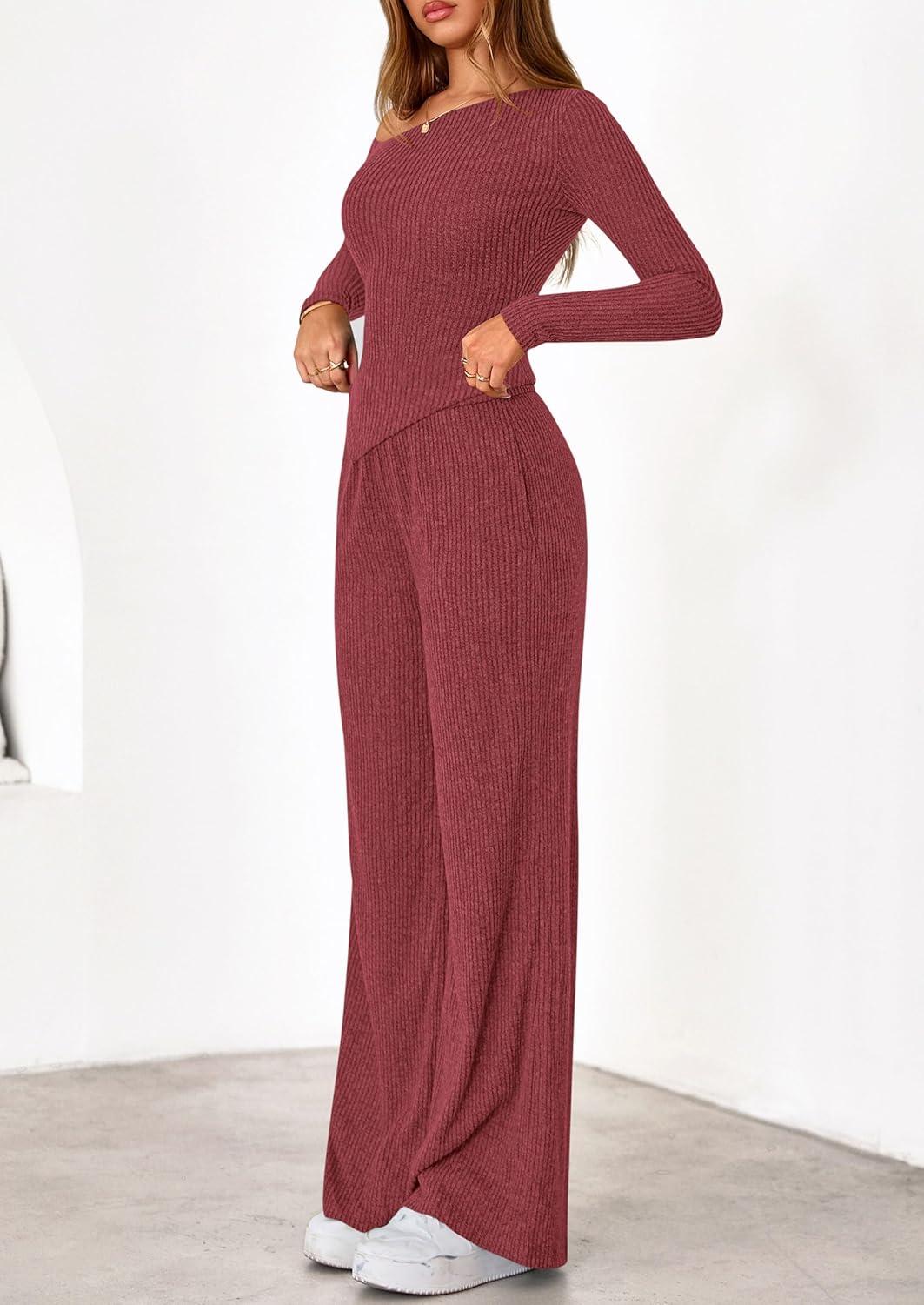 imagePRETTYGARDEN Fall Two Piece Sets For Women 2026 Off Shoulder Tops Long Pants Knit Matching Lounge Set Airport Travel OutfitsWine Red