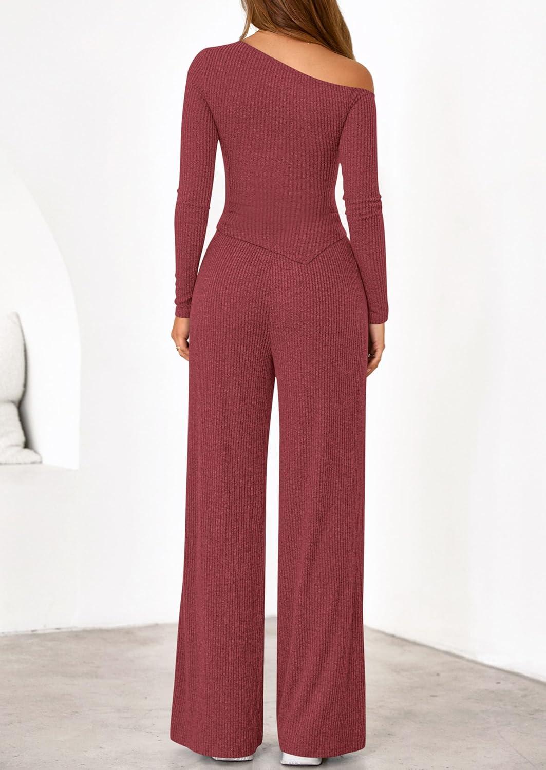 imagePRETTYGARDEN Fall Two Piece Sets For Women 2026 Off Shoulder Tops Long Pants Knit Matching Lounge Set Airport Travel OutfitsWine Red