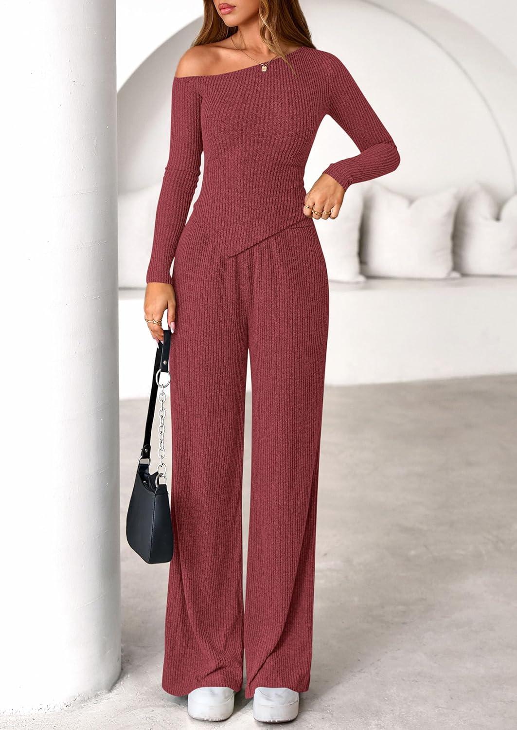 imagePRETTYGARDEN Fall Two Piece Sets For Women 2026 Off Shoulder Tops Long Pants Knit Matching Lounge Set Airport Travel OutfitsWine Red