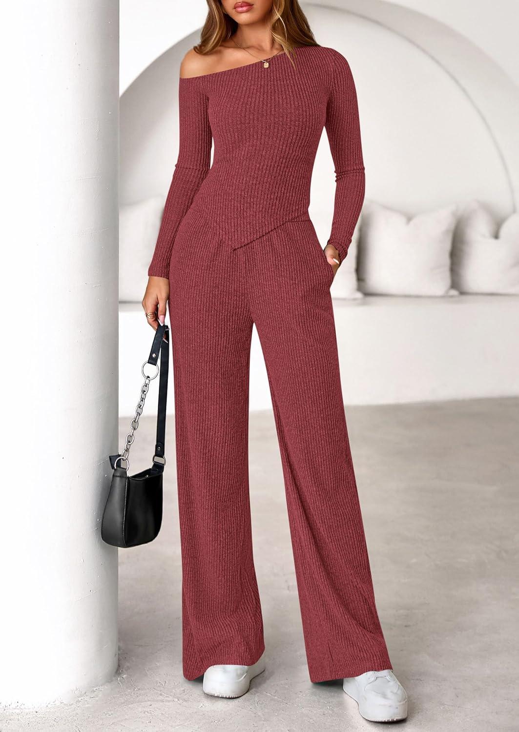 imagePRETTYGARDEN Fall Two Piece Sets For Women 2026 Off Shoulder Tops Long Pants Knit Matching Lounge Set Airport Travel OutfitsWine Red