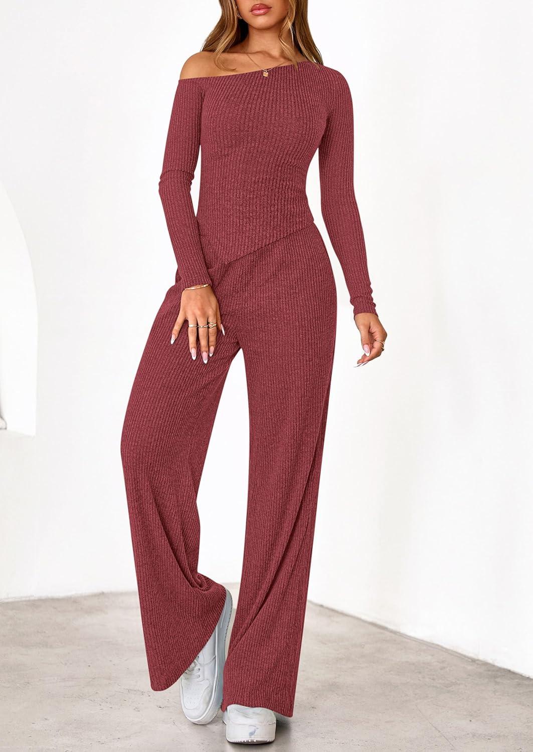 imagePRETTYGARDEN Fall Two Piece Sets For Women 2026 Off Shoulder Tops Long Pants Knit Matching Lounge Set Airport Travel OutfitsWine Red