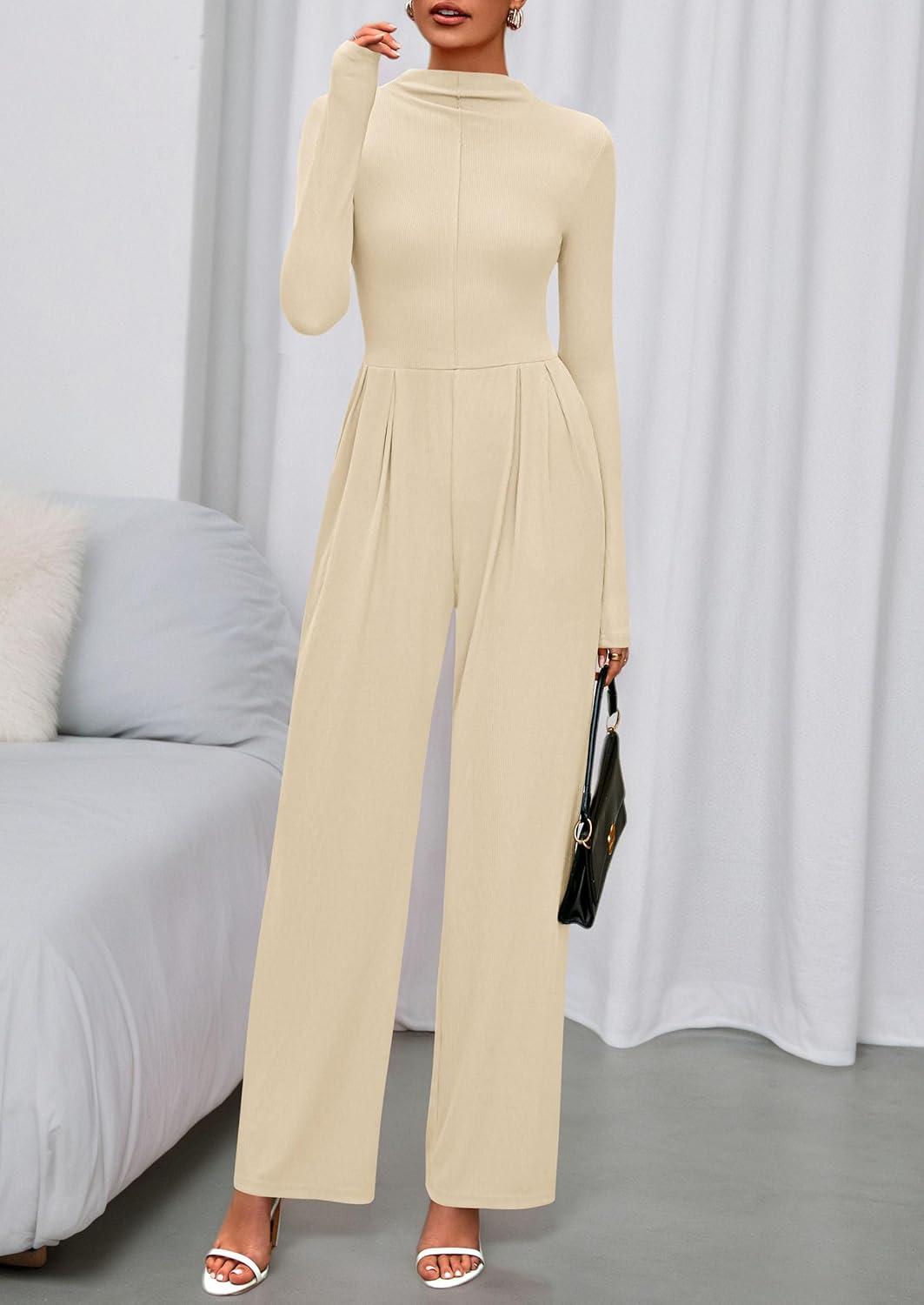 imagePRETTYGARDEN Long Sleeve Jumpsuit for Women 2026 Fall Date Night Rompers Dressy Casual One Piece Mock Neck Jumpsuits PocketsBeige