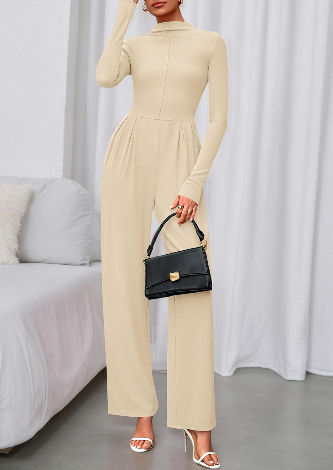 imagePRETTYGARDEN Long Sleeve Jumpsuit for Women 2026 Fall Date Night Rompers Dressy Casual One Piece Mock Neck Jumpsuits PocketsBeige