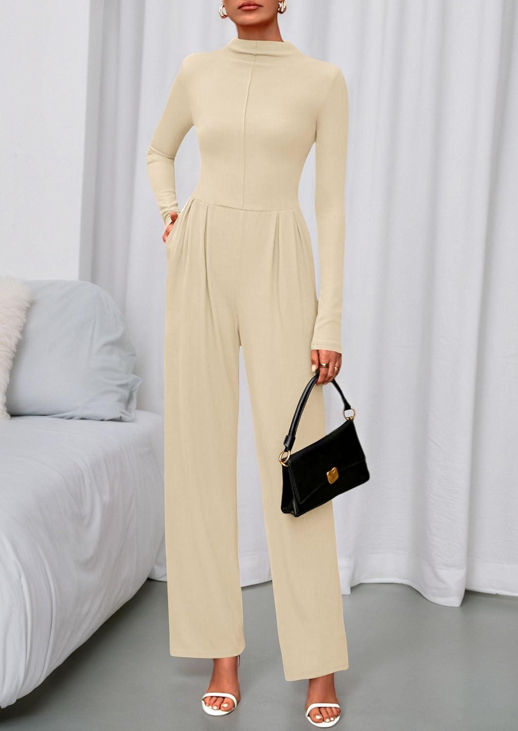 imagePRETTYGARDEN Long Sleeve Jumpsuit for Women 2026 Fall Date Night Rompers Dressy Casual One Piece Mock Neck Jumpsuits PocketsBeige