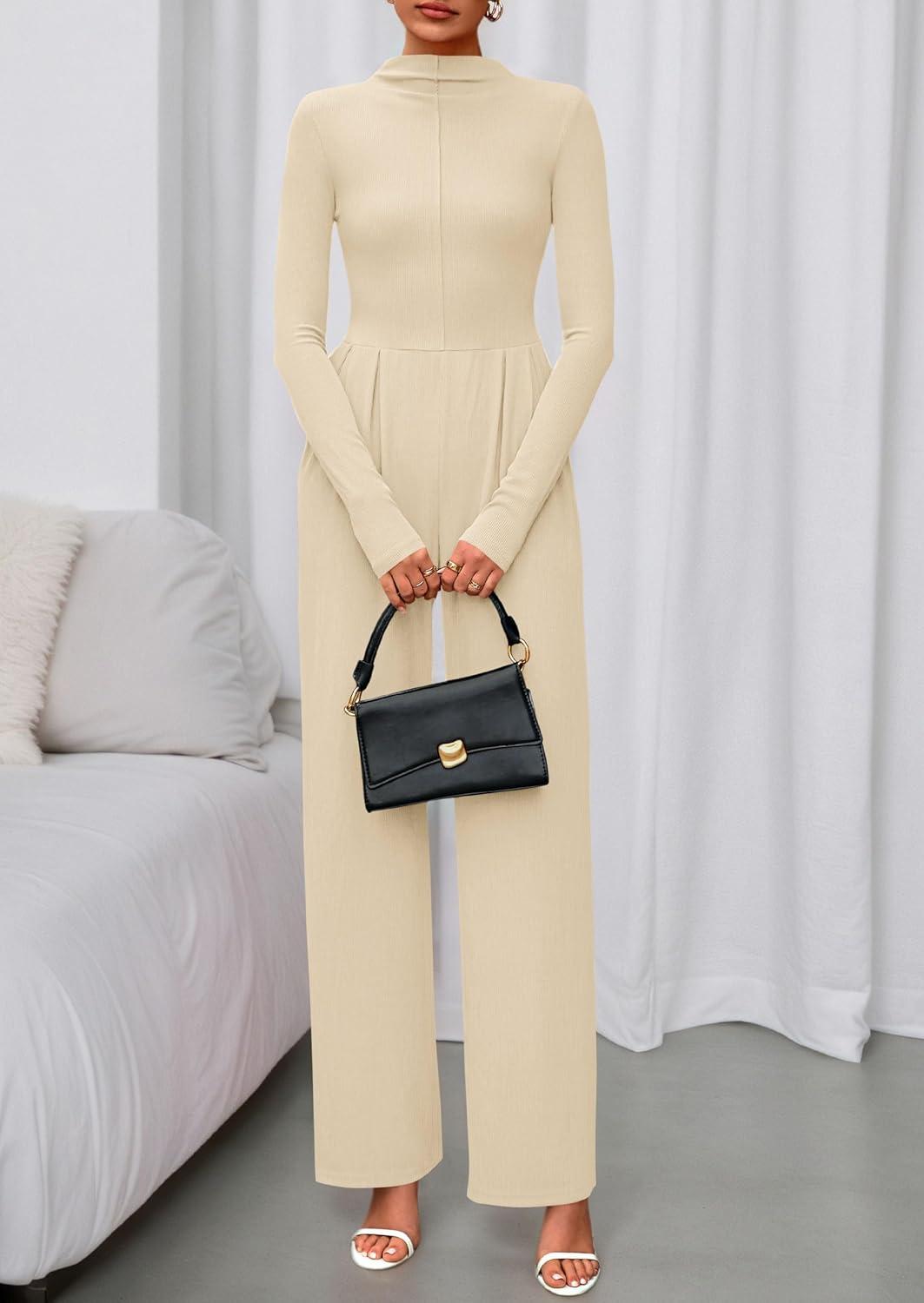 imagePRETTYGARDEN Long Sleeve Jumpsuit for Women 2026 Fall Date Night Rompers Dressy Casual One Piece Mock Neck Jumpsuits PocketsBeige