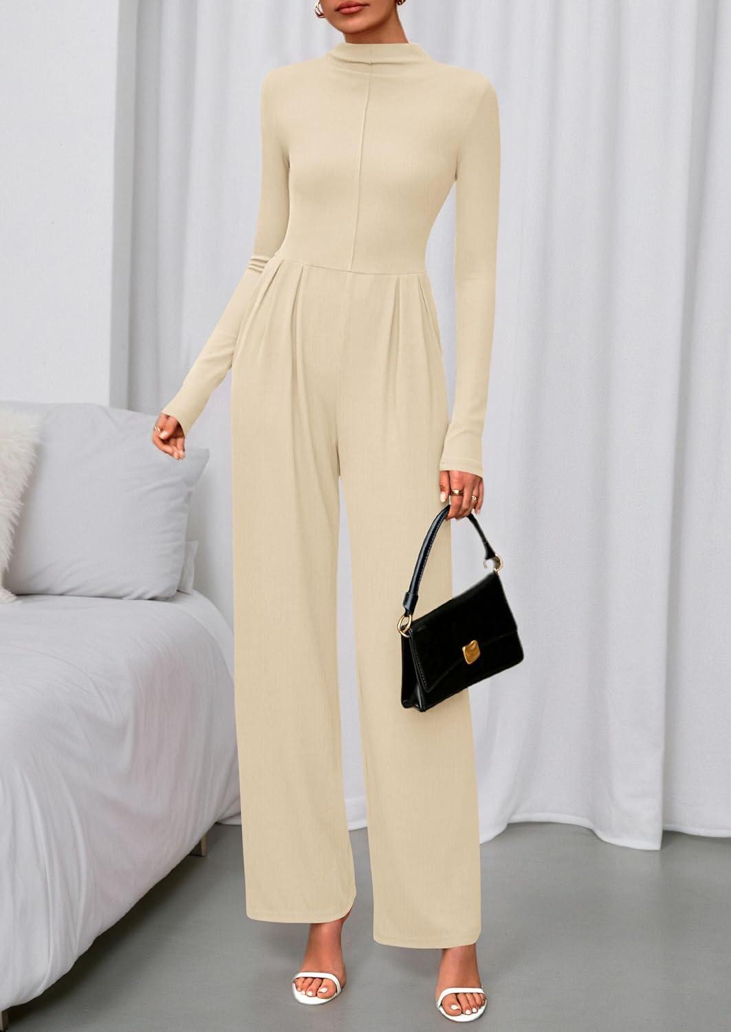 imagePRETTYGARDEN Long Sleeve Jumpsuit for Women 2026 Fall Date Night Rompers Dressy Casual One Piece Mock Neck Jumpsuits PocketsBeige
