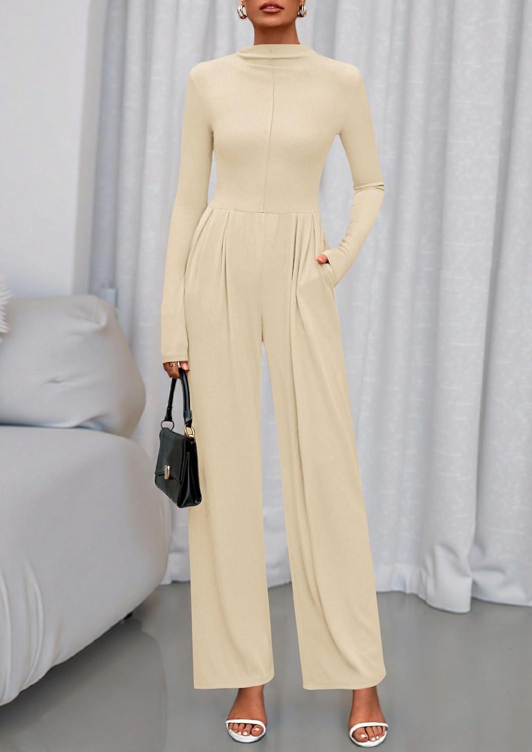 imagePRETTYGARDEN Long Sleeve Jumpsuit for Women 2026 Fall Date Night Rompers Dressy Casual One Piece Mock Neck Jumpsuits PocketsBeige