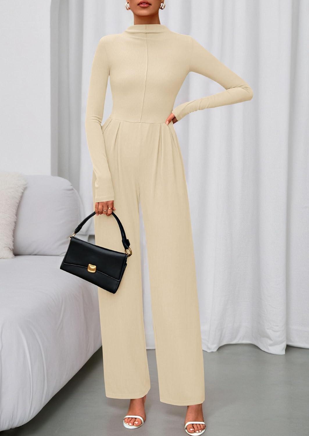 imagePRETTYGARDEN Long Sleeve Jumpsuit for Women 2026 Fall Date Night Rompers Dressy Casual One Piece Mock Neck Jumpsuits PocketsBeige