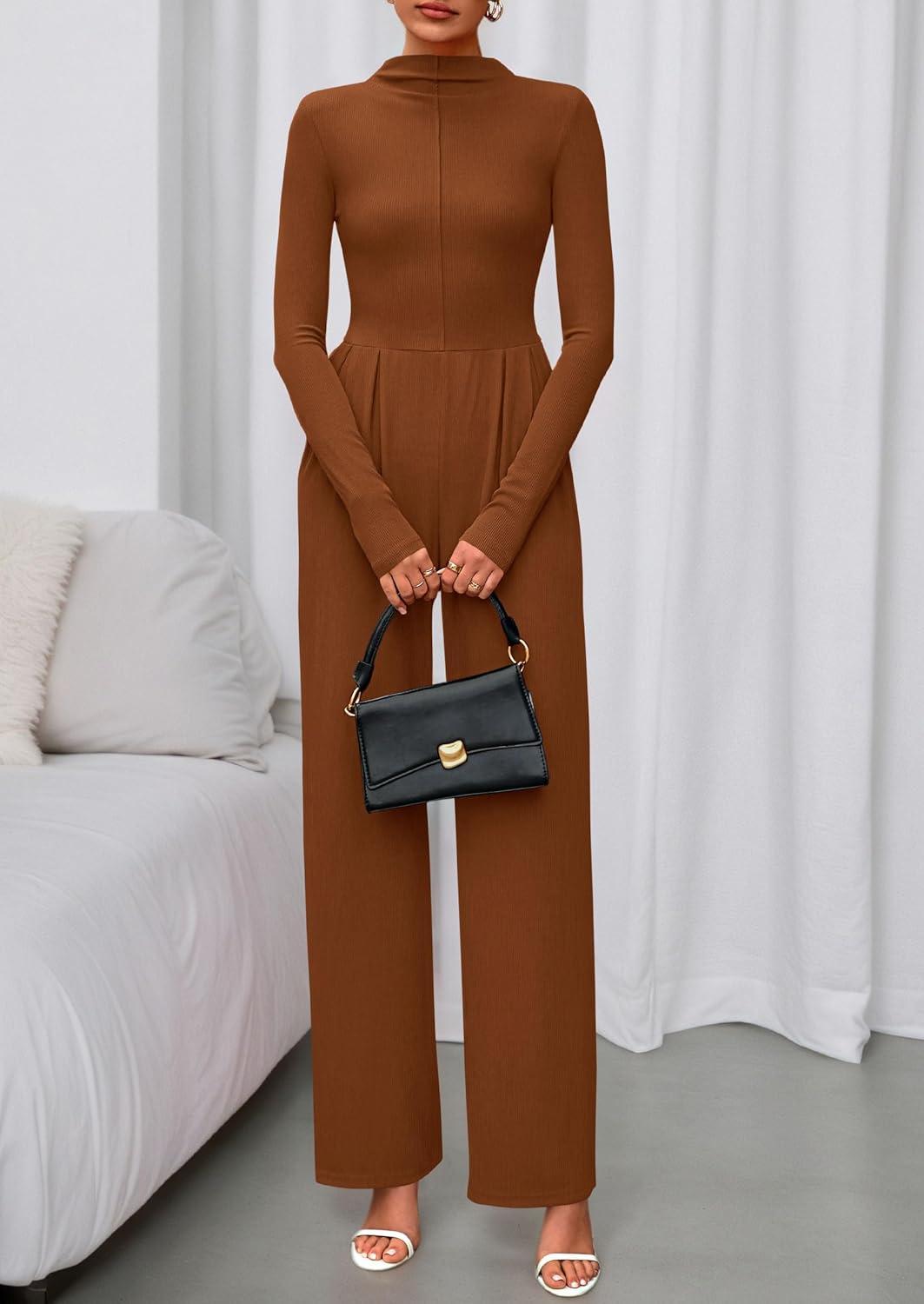 imagePRETTYGARDEN Long Sleeve Jumpsuit for Women 2026 Fall Date Night Rompers Dressy Casual One Piece Mock Neck Jumpsuits PocketsBrown