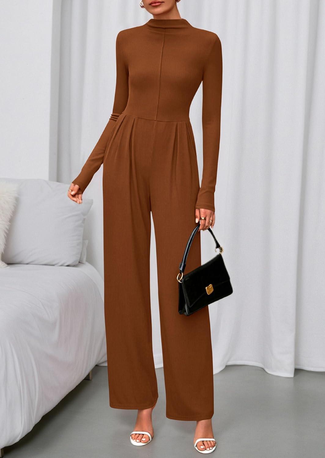 imagePRETTYGARDEN Long Sleeve Jumpsuit for Women 2026 Fall Date Night Rompers Dressy Casual One Piece Mock Neck Jumpsuits PocketsBrown