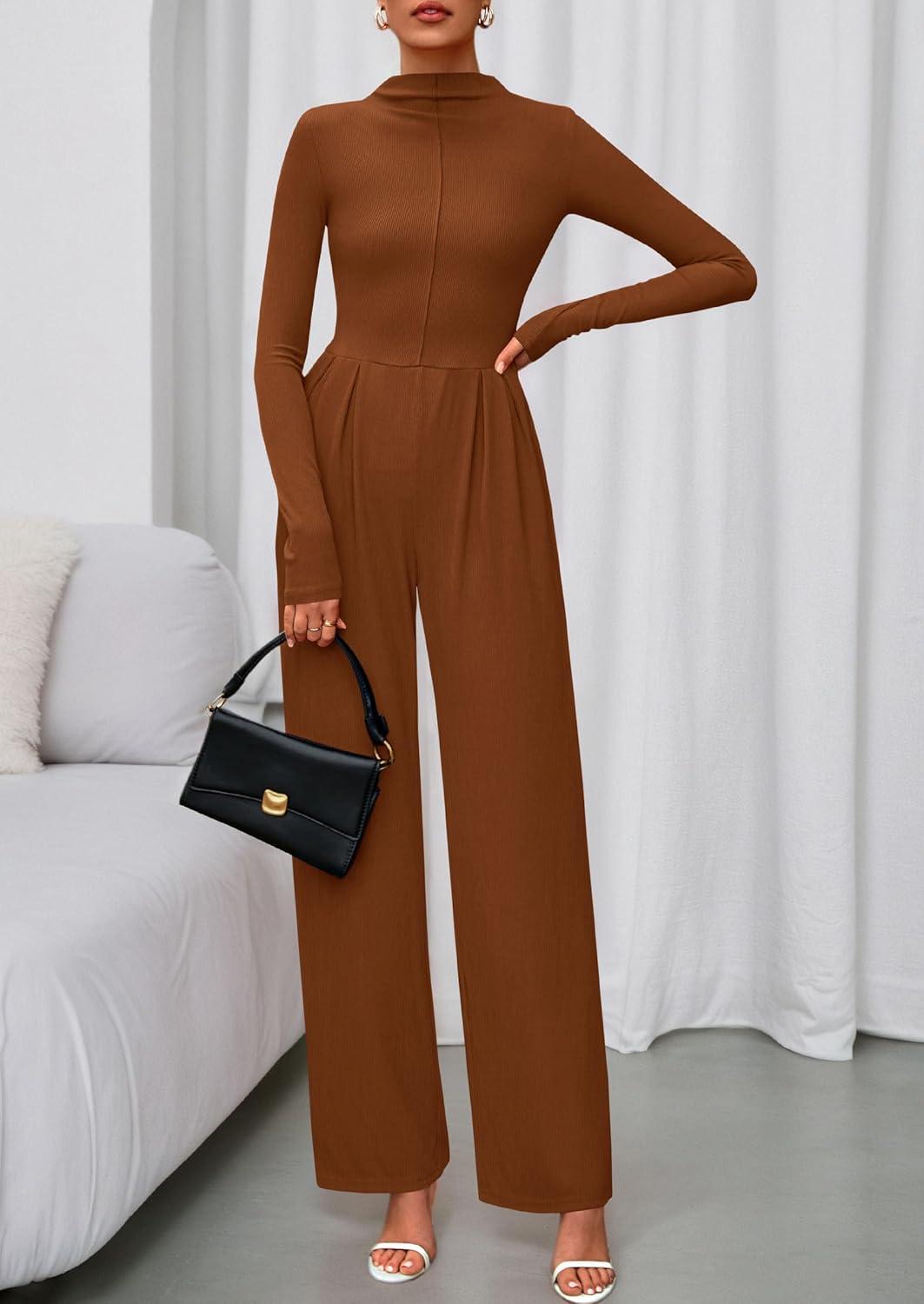 imagePRETTYGARDEN Long Sleeve Jumpsuit for Women 2026 Fall Date Night Rompers Dressy Casual One Piece Mock Neck Jumpsuits PocketsBrown