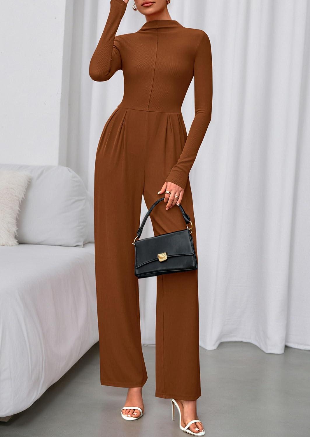 imagePRETTYGARDEN Long Sleeve Jumpsuit for Women 2026 Fall Date Night Rompers Dressy Casual One Piece Mock Neck Jumpsuits PocketsBrown