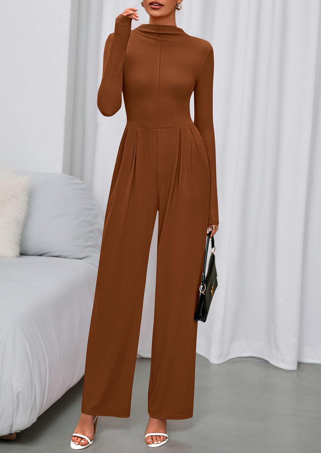 imagePRETTYGARDEN Long Sleeve Jumpsuit for Women 2026 Fall Date Night Rompers Dressy Casual One Piece Mock Neck Jumpsuits PocketsBrown
