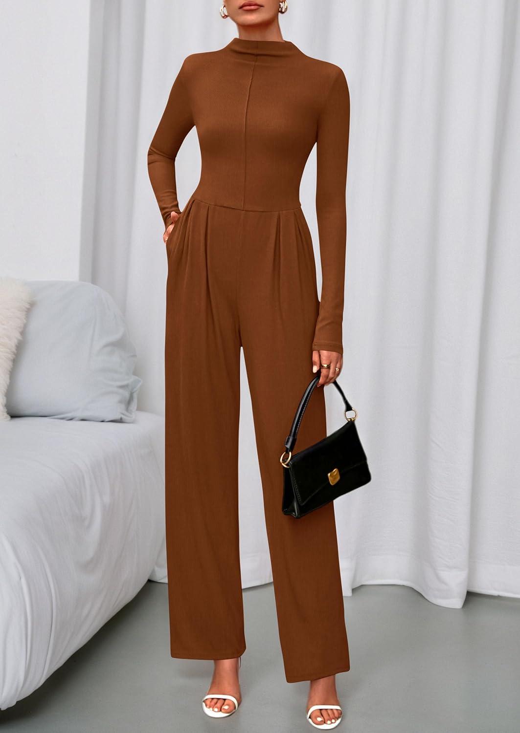 imagePRETTYGARDEN Long Sleeve Jumpsuit for Women 2026 Fall Date Night Rompers Dressy Casual One Piece Mock Neck Jumpsuits PocketsBrown
