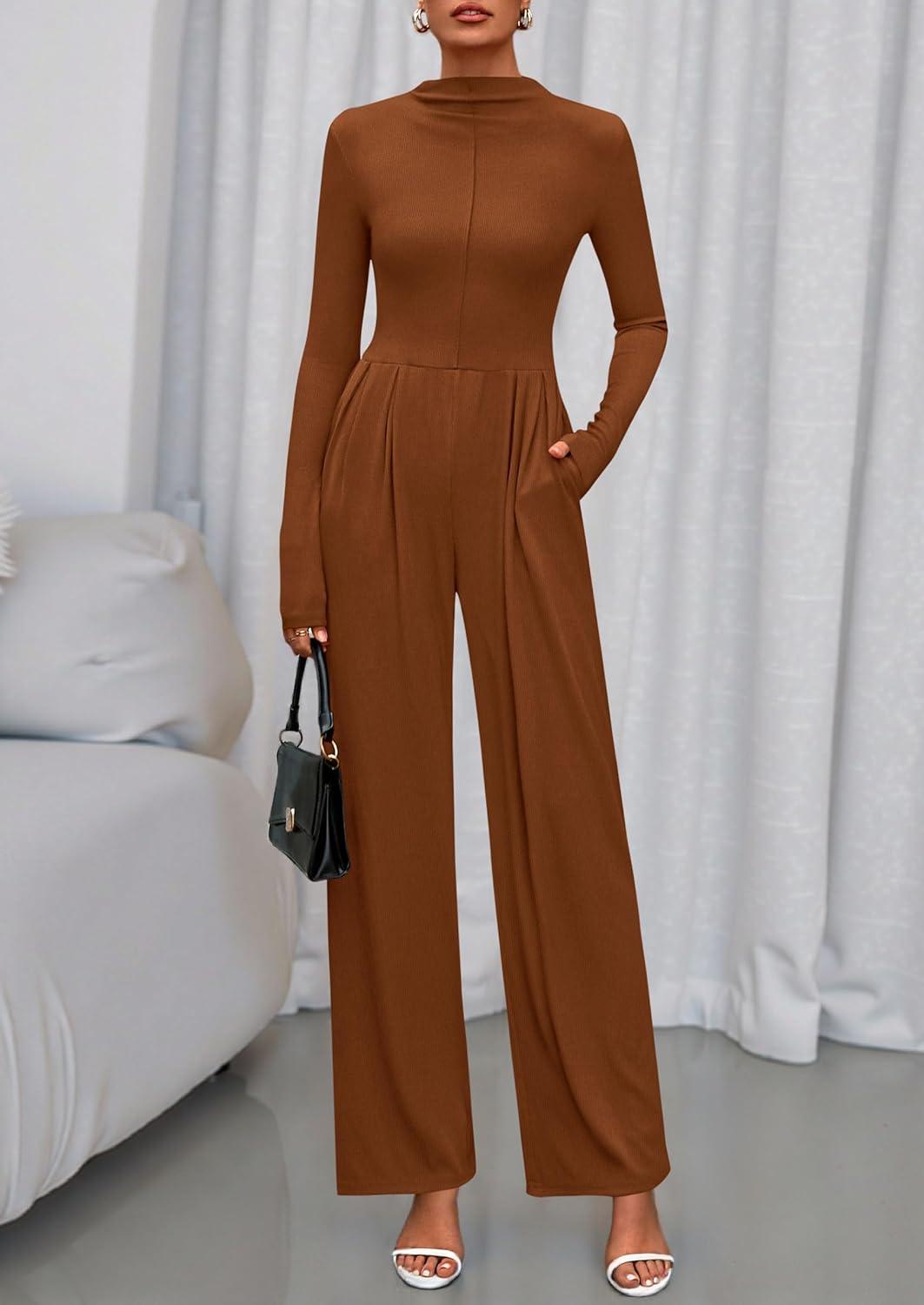 imagePRETTYGARDEN Long Sleeve Jumpsuit for Women 2026 Fall Date Night Rompers Dressy Casual One Piece Mock Neck Jumpsuits PocketsBrown