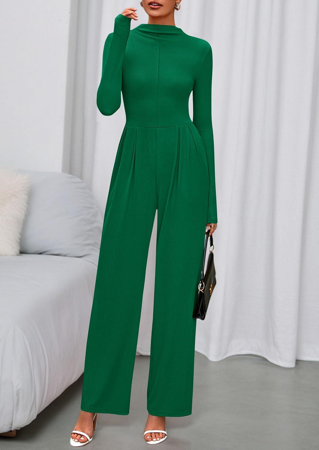 imagePRETTYGARDEN Long Sleeve Jumpsuit for Women 2026 Fall Date Night Rompers Dressy Casual One Piece Mock Neck Jumpsuits PocketsGreen