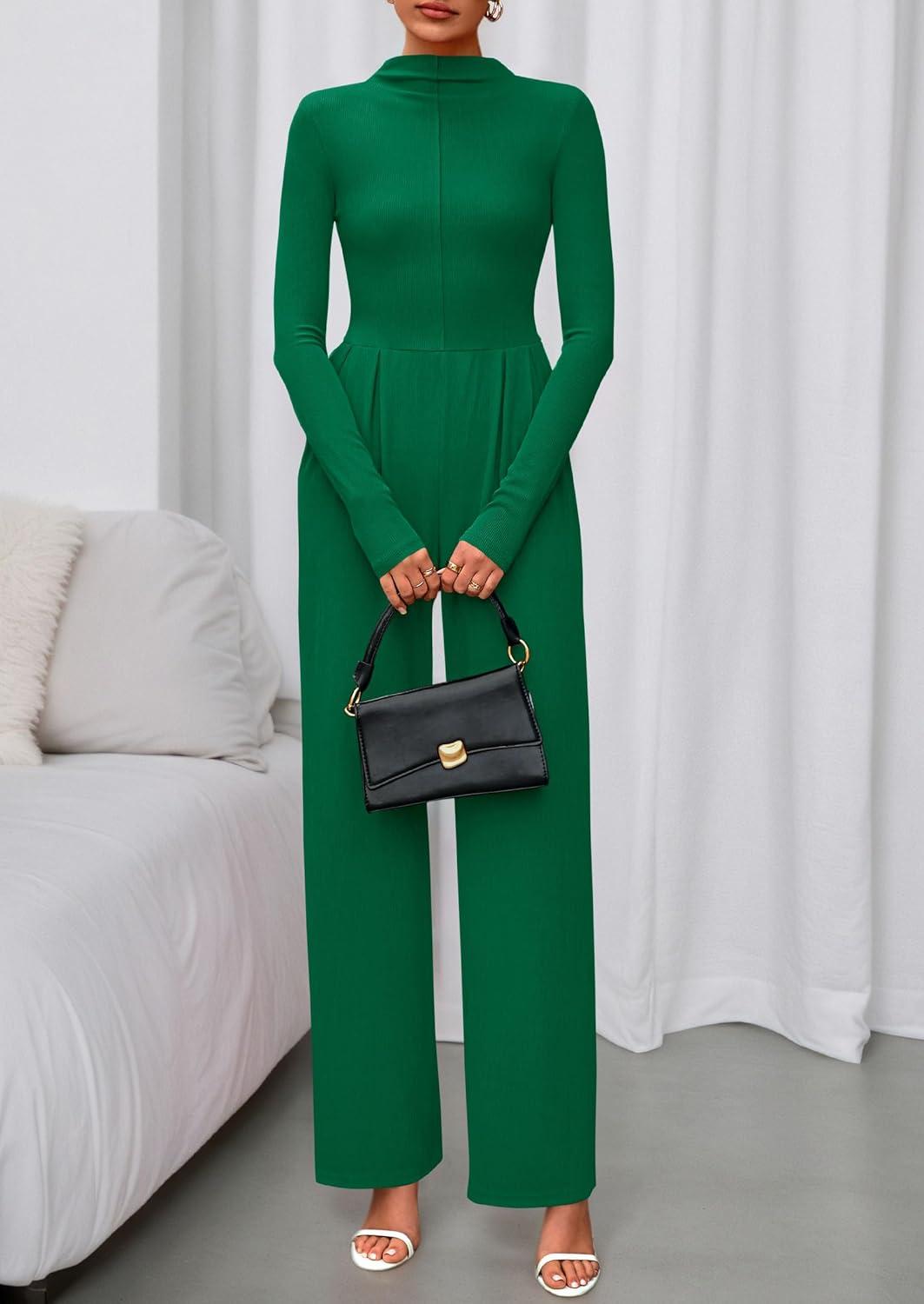 imagePRETTYGARDEN Long Sleeve Jumpsuit for Women 2026 Fall Date Night Rompers Dressy Casual One Piece Mock Neck Jumpsuits PocketsGreen