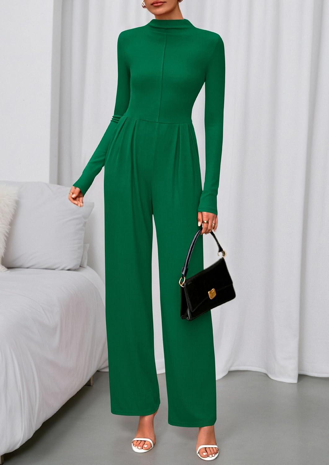 imagePRETTYGARDEN Long Sleeve Jumpsuit for Women 2026 Fall Date Night Rompers Dressy Casual One Piece Mock Neck Jumpsuits PocketsGreen