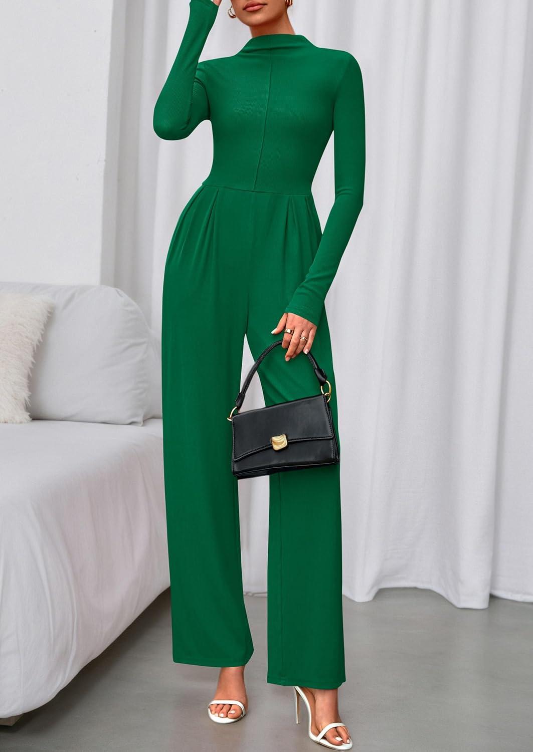 imagePRETTYGARDEN Long Sleeve Jumpsuit for Women 2026 Fall Date Night Rompers Dressy Casual One Piece Mock Neck Jumpsuits PocketsGreen
