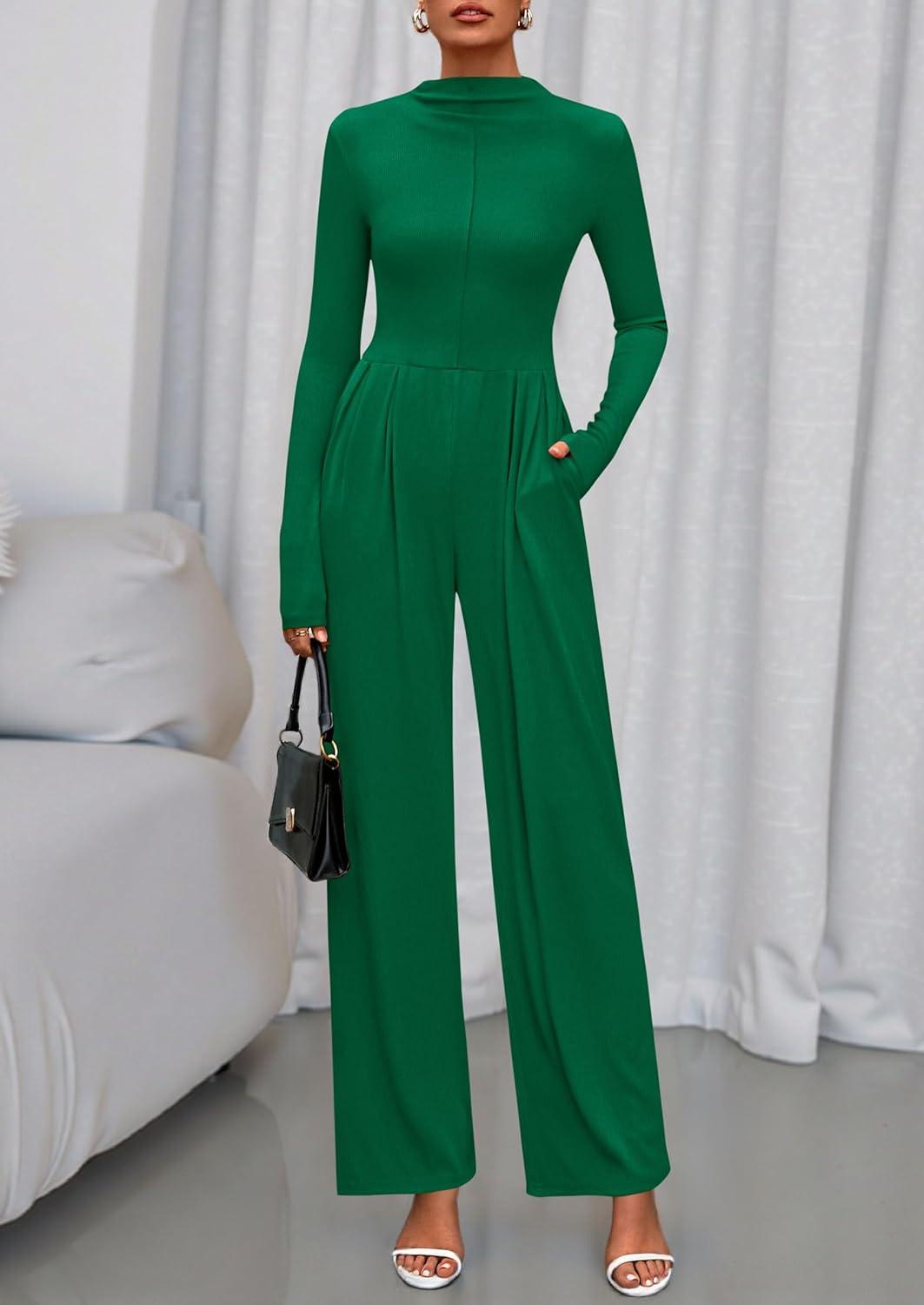imagePRETTYGARDEN Long Sleeve Jumpsuit for Women 2026 Fall Date Night Rompers Dressy Casual One Piece Mock Neck Jumpsuits PocketsGreen
