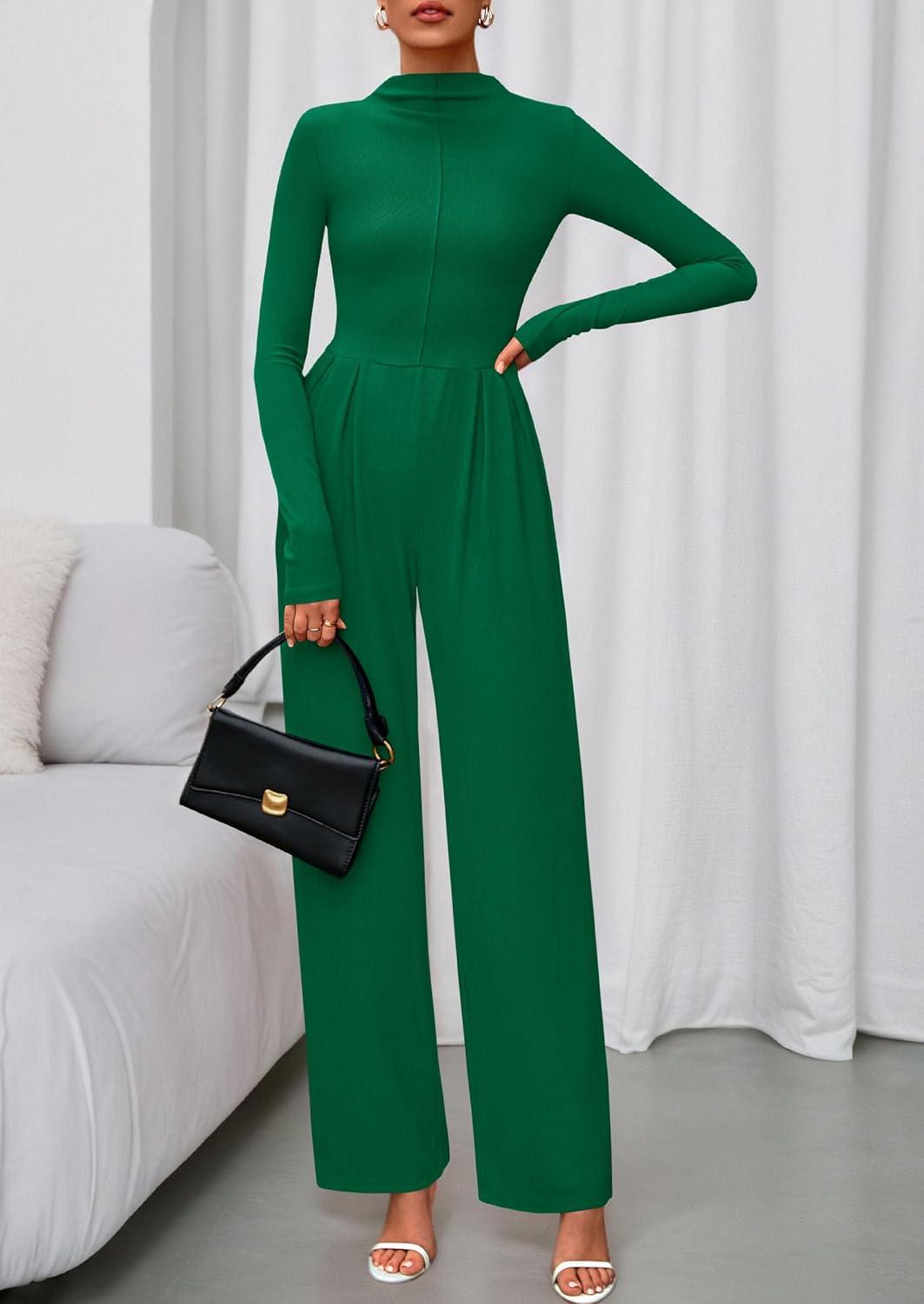 imagePRETTYGARDEN Long Sleeve Jumpsuit for Women 2026 Fall Date Night Rompers Dressy Casual One Piece Mock Neck Jumpsuits PocketsGreen