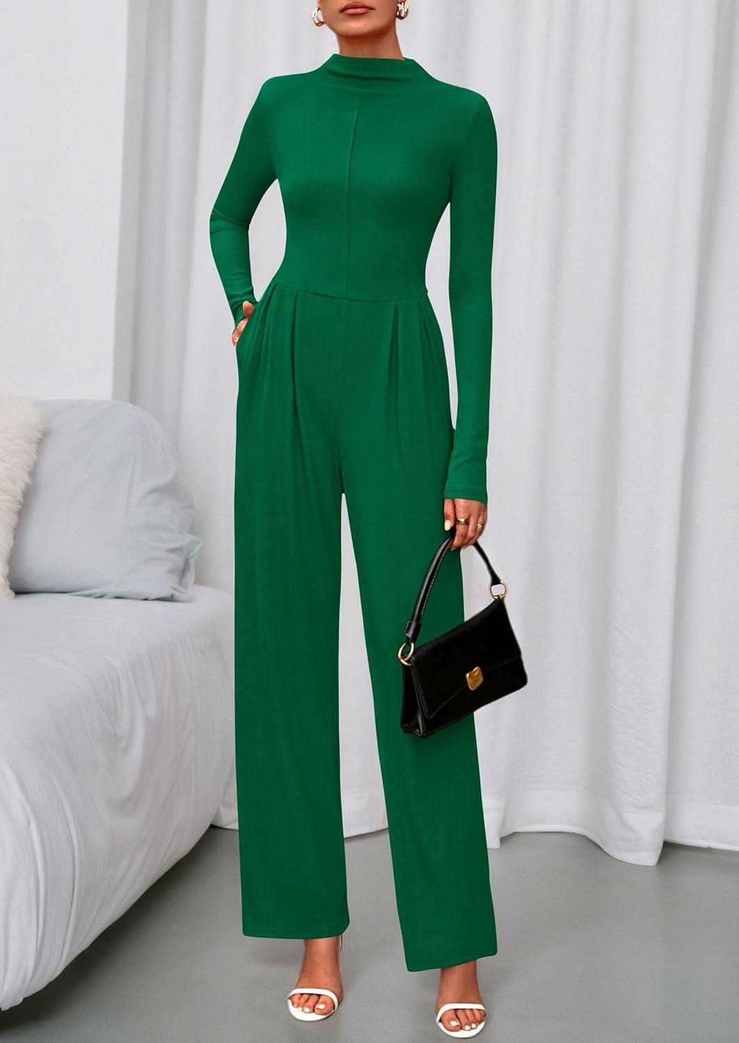 imagePRETTYGARDEN Long Sleeve Jumpsuit for Women 2026 Fall Date Night Rompers Dressy Casual One Piece Mock Neck Jumpsuits PocketsGreen