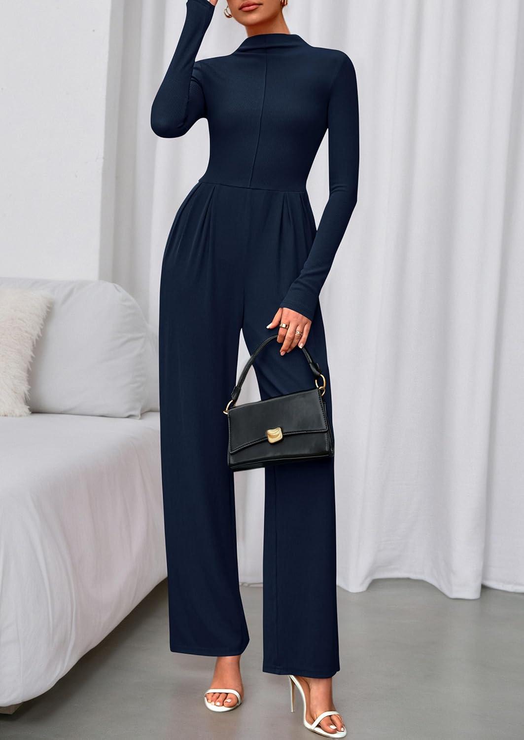 imagePRETTYGARDEN Long Sleeve Jumpsuit for Women 2026 Fall Date Night Rompers Dressy Casual One Piece Mock Neck Jumpsuits PocketsNavy Blue