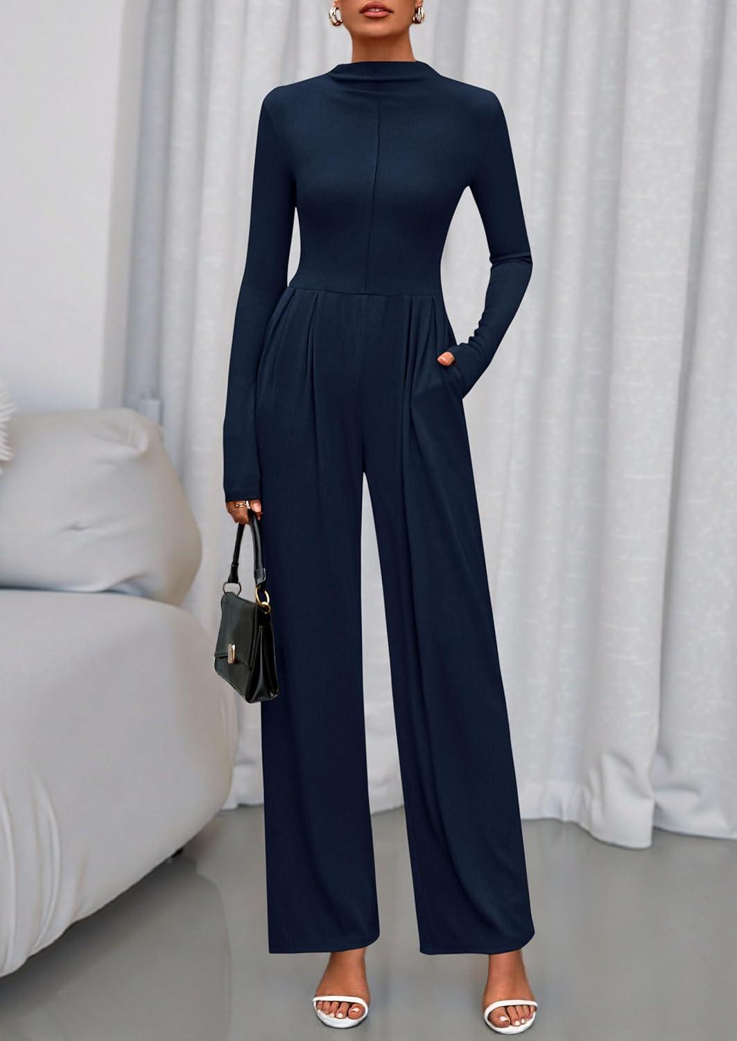 imagePRETTYGARDEN Long Sleeve Jumpsuit for Women 2026 Fall Date Night Rompers Dressy Casual One Piece Mock Neck Jumpsuits PocketsNavy Blue