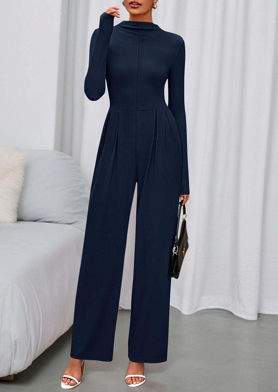 imagePRETTYGARDEN Long Sleeve Jumpsuit for Women 2026 Fall Date Night Rompers Dressy Casual One Piece Mock Neck Jumpsuits PocketsNavy Blue