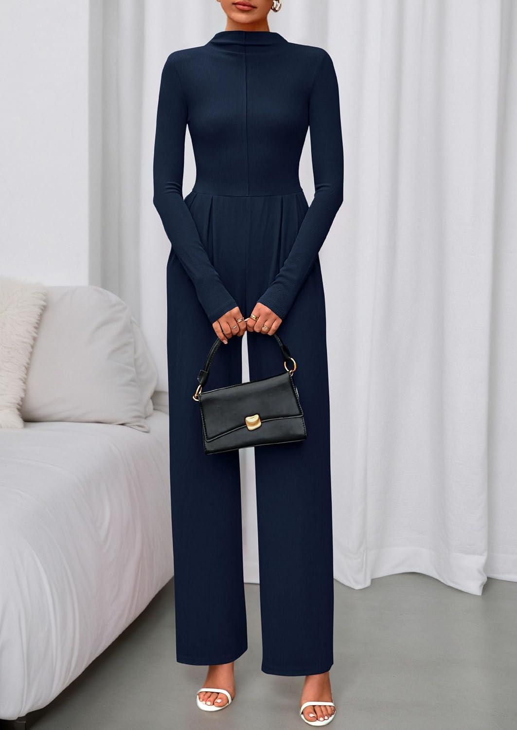 imagePRETTYGARDEN Long Sleeve Jumpsuit for Women 2026 Fall Date Night Rompers Dressy Casual One Piece Mock Neck Jumpsuits PocketsNavy Blue