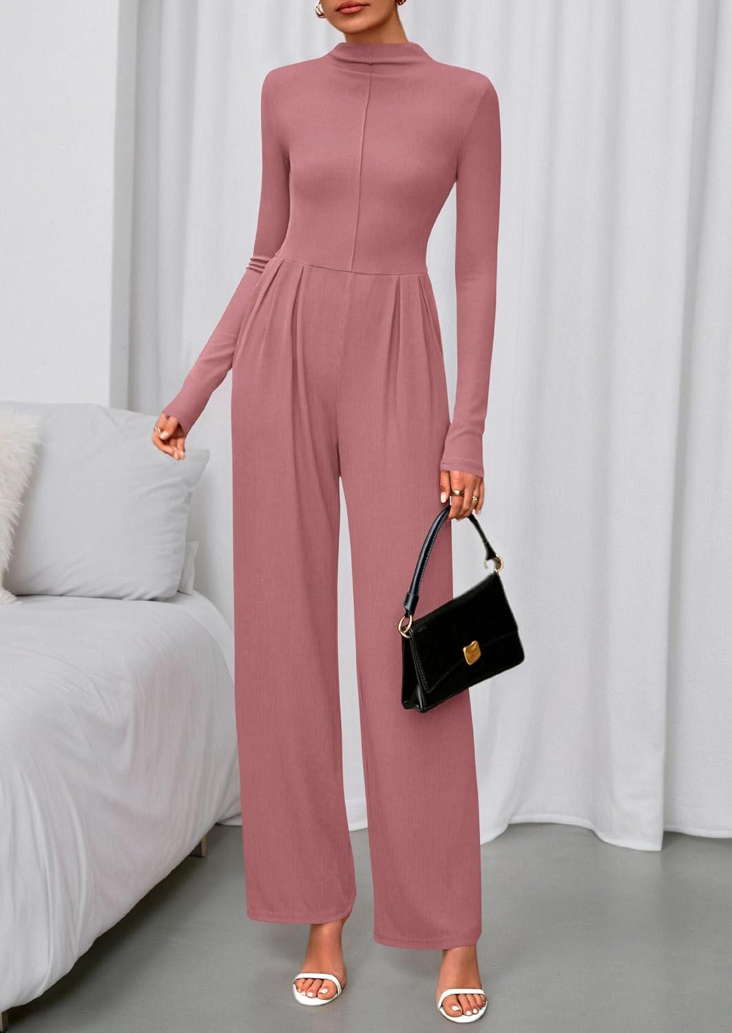 imagePRETTYGARDEN Long Sleeve Jumpsuit for Women 2026 Fall Date Night Rompers Dressy Casual One Piece Mock Neck Jumpsuits PocketsPink