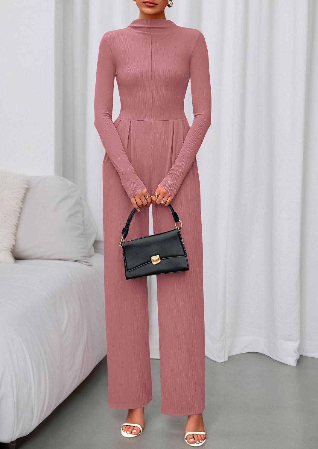 imagePRETTYGARDEN Long Sleeve Jumpsuit for Women 2026 Fall Date Night Rompers Dressy Casual One Piece Mock Neck Jumpsuits PocketsPink