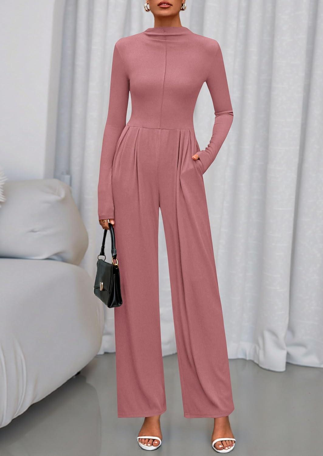 imagePRETTYGARDEN Long Sleeve Jumpsuit for Women 2026 Fall Date Night Rompers Dressy Casual One Piece Mock Neck Jumpsuits PocketsPink