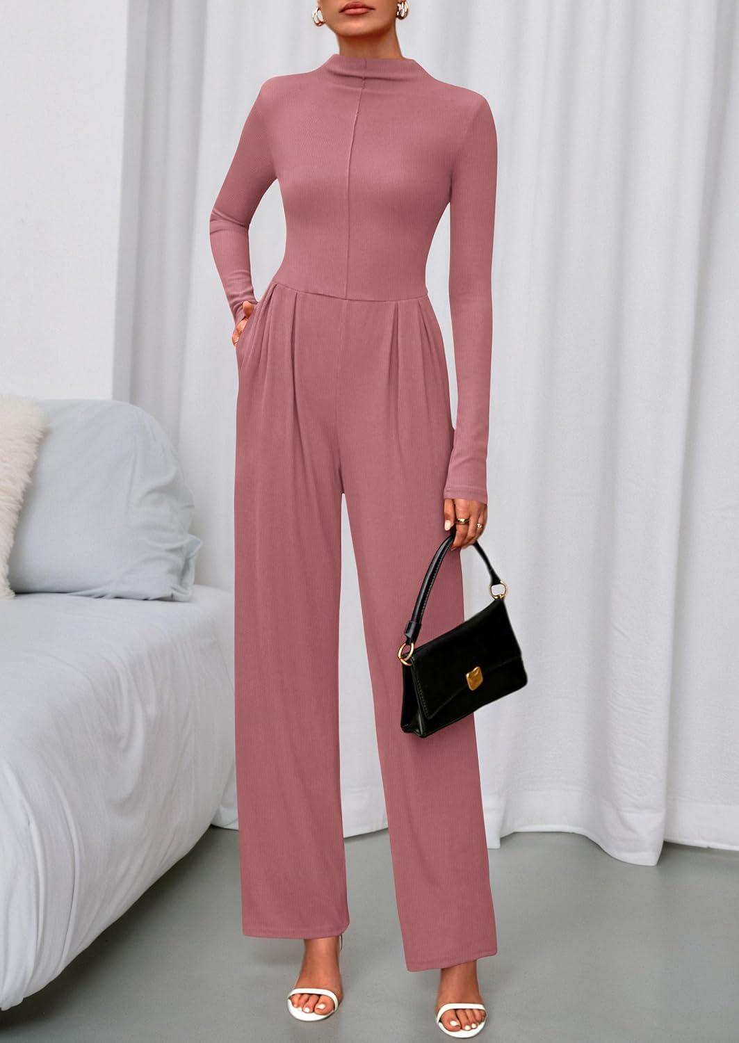 imagePRETTYGARDEN Long Sleeve Jumpsuit for Women 2026 Fall Date Night Rompers Dressy Casual One Piece Mock Neck Jumpsuits PocketsPink