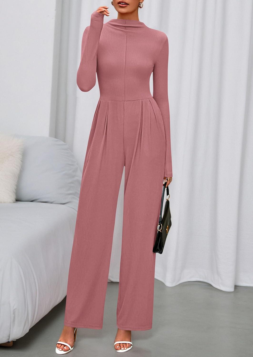 imagePRETTYGARDEN Long Sleeve Jumpsuit for Women 2026 Fall Date Night Rompers Dressy Casual One Piece Mock Neck Jumpsuits PocketsPink