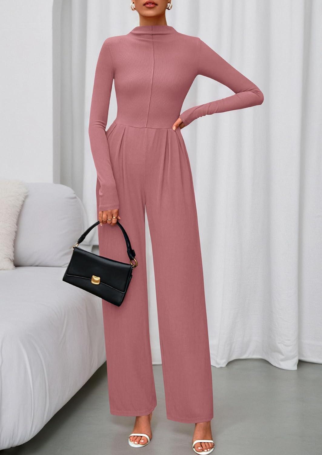 imagePRETTYGARDEN Long Sleeve Jumpsuit for Women 2026 Fall Date Night Rompers Dressy Casual One Piece Mock Neck Jumpsuits PocketsPink