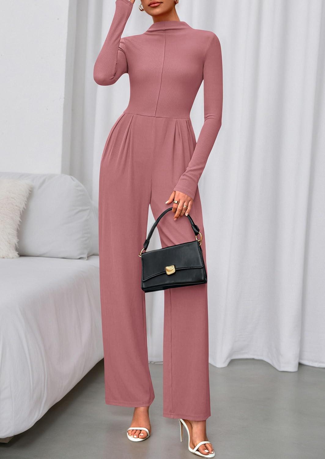 imagePRETTYGARDEN Long Sleeve Jumpsuit for Women 2026 Fall Date Night Rompers Dressy Casual One Piece Mock Neck Jumpsuits PocketsPink