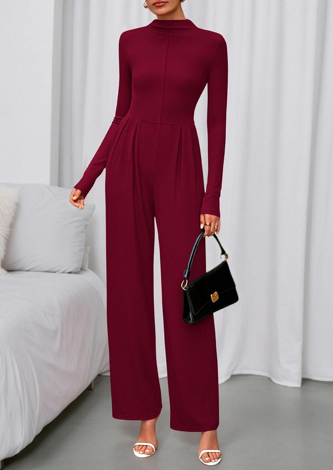 imagePRETTYGARDEN Long Sleeve Jumpsuit for Women 2026 Fall Date Night Rompers Dressy Casual One Piece Mock Neck Jumpsuits PocketsWine Red