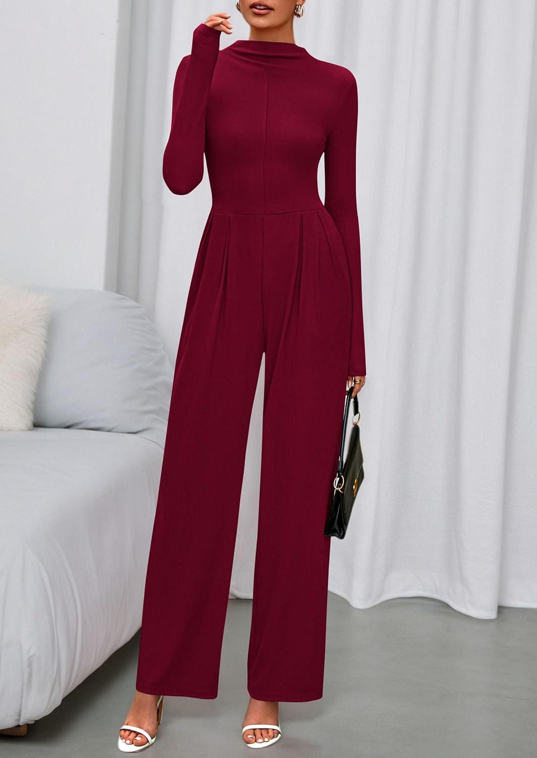 imagePRETTYGARDEN Long Sleeve Jumpsuit for Women 2026 Fall Date Night Rompers Dressy Casual One Piece Mock Neck Jumpsuits PocketsWine Red