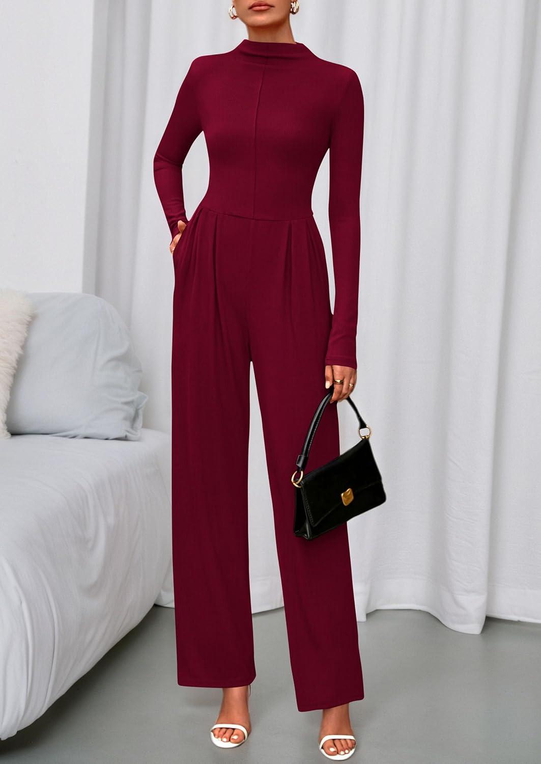 imagePRETTYGARDEN Long Sleeve Jumpsuit for Women 2026 Fall Date Night Rompers Dressy Casual One Piece Mock Neck Jumpsuits PocketsWine Red