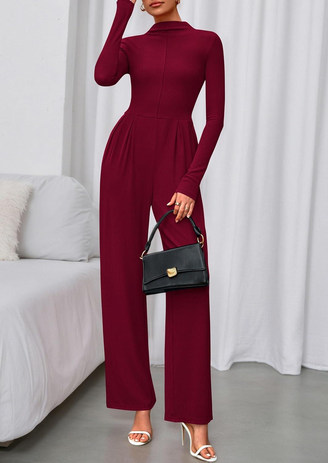 imagePRETTYGARDEN Long Sleeve Jumpsuit for Women 2026 Fall Date Night Rompers Dressy Casual One Piece Mock Neck Jumpsuits PocketsWine Red