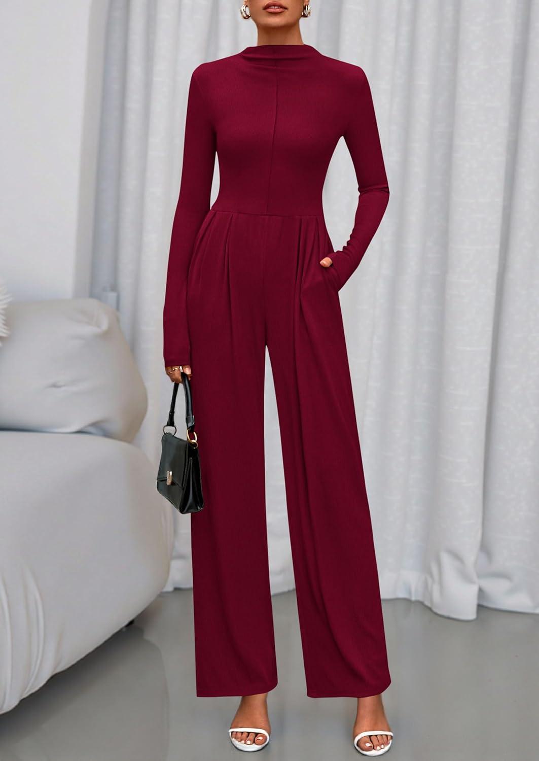 imagePRETTYGARDEN Long Sleeve Jumpsuit for Women 2026 Fall Date Night Rompers Dressy Casual One Piece Mock Neck Jumpsuits PocketsWine Red