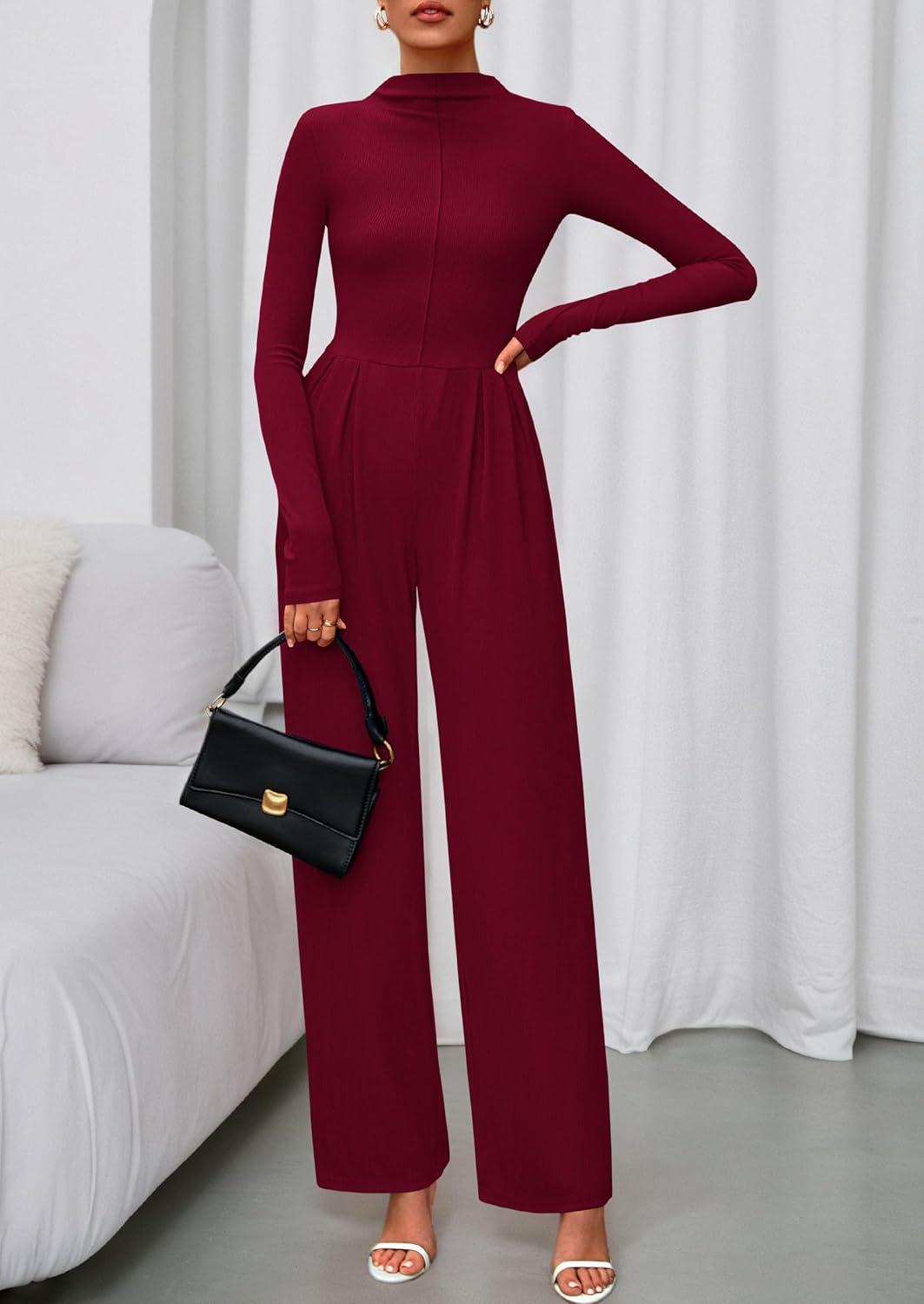 imagePRETTYGARDEN Long Sleeve Jumpsuit for Women 2026 Fall Date Night Rompers Dressy Casual One Piece Mock Neck Jumpsuits PocketsWine Red