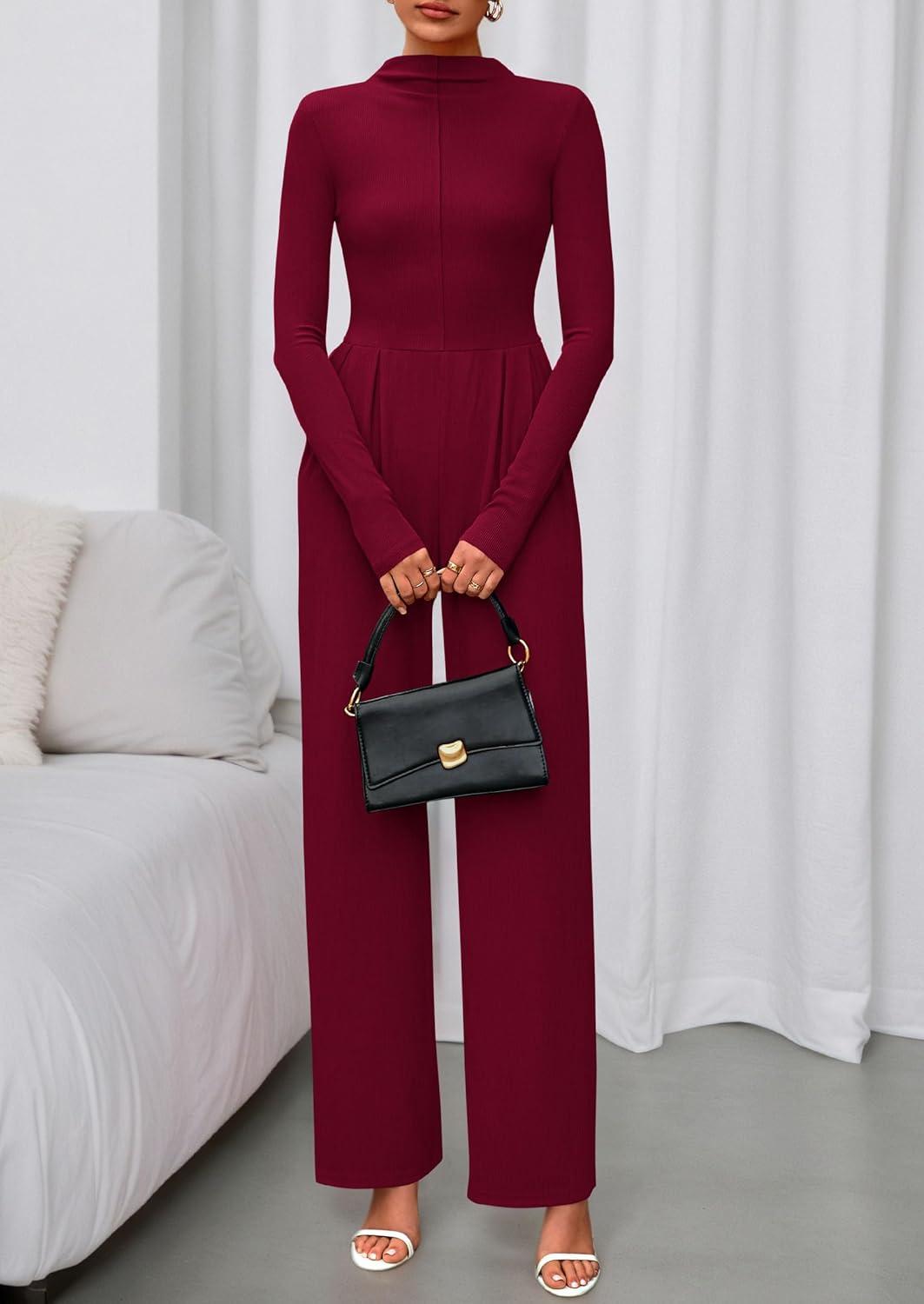 imagePRETTYGARDEN Long Sleeve Jumpsuit for Women 2026 Fall Date Night Rompers Dressy Casual One Piece Mock Neck Jumpsuits PocketsWine Red