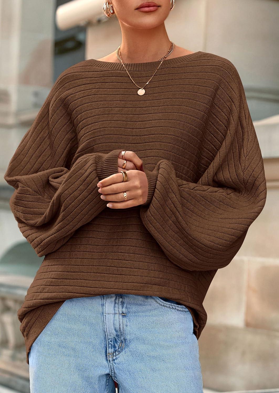 imagePRETTYGARDEN Sweaters for Women Oversized Spring Boat Neck Pullover Long Sleeve Knit Tops Cozy Fall Winter Fashion ClothingBrown
