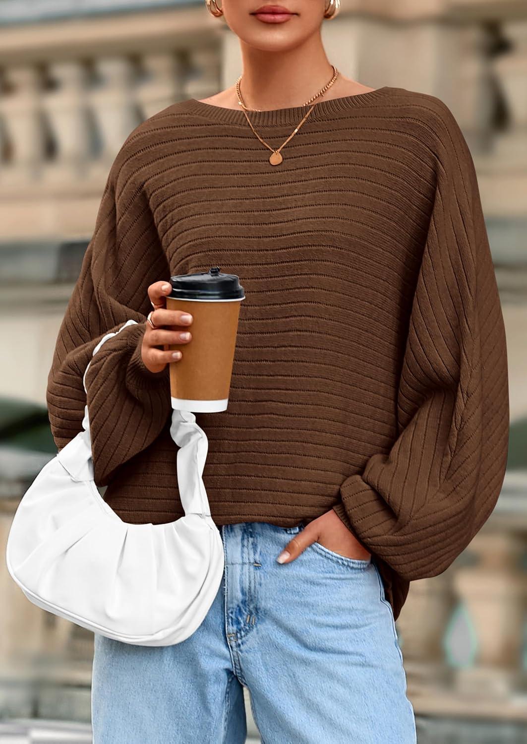 imagePRETTYGARDEN Sweaters for Women Oversized Spring Boat Neck Pullover Long Sleeve Knit Tops Cozy Fall Winter Fashion ClothingBrown