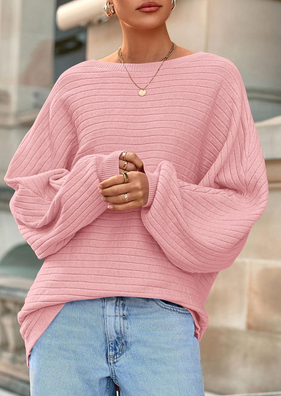 imagePRETTYGARDEN Sweaters for Women Oversized Spring Boat Neck Pullover Long Sleeve Knit Tops Cozy Fall Winter Fashion ClothingPink