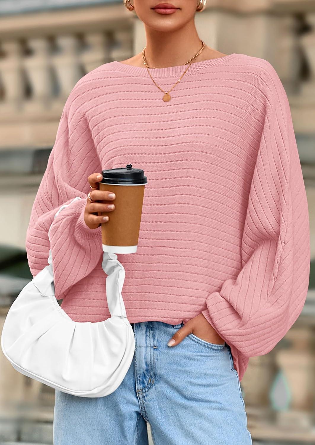 imagePRETTYGARDEN Sweaters for Women Oversized Spring Boat Neck Pullover Long Sleeve Knit Tops Cozy Fall Winter Fashion ClothingPink